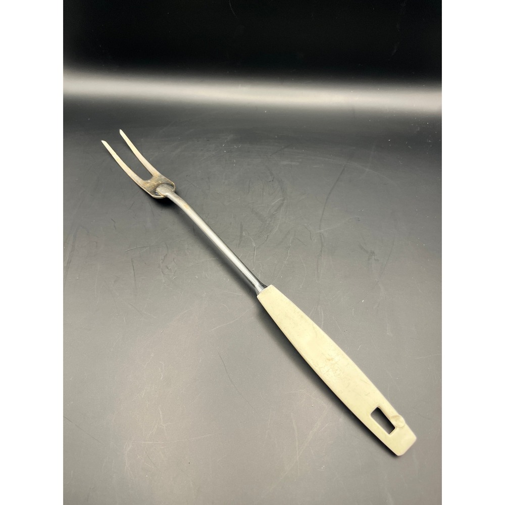 Vtg EKCO USA Meat Fork Carving Fork Two Prong Stainless Steel White 13" As Is